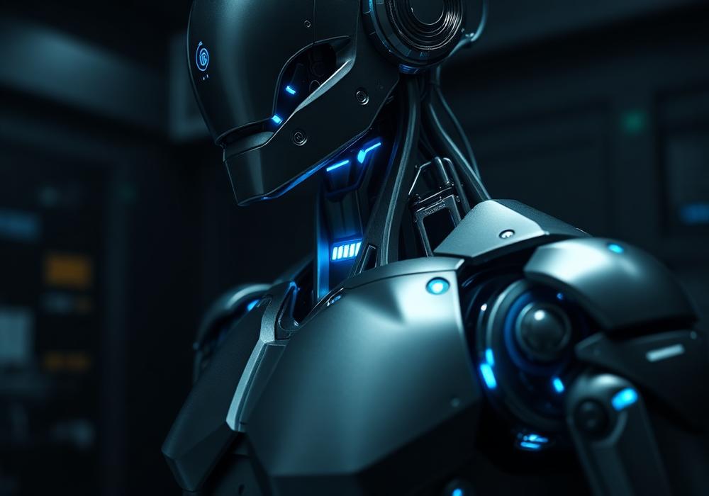Close-up of a humanoid robot torso and head in a dark laboratory